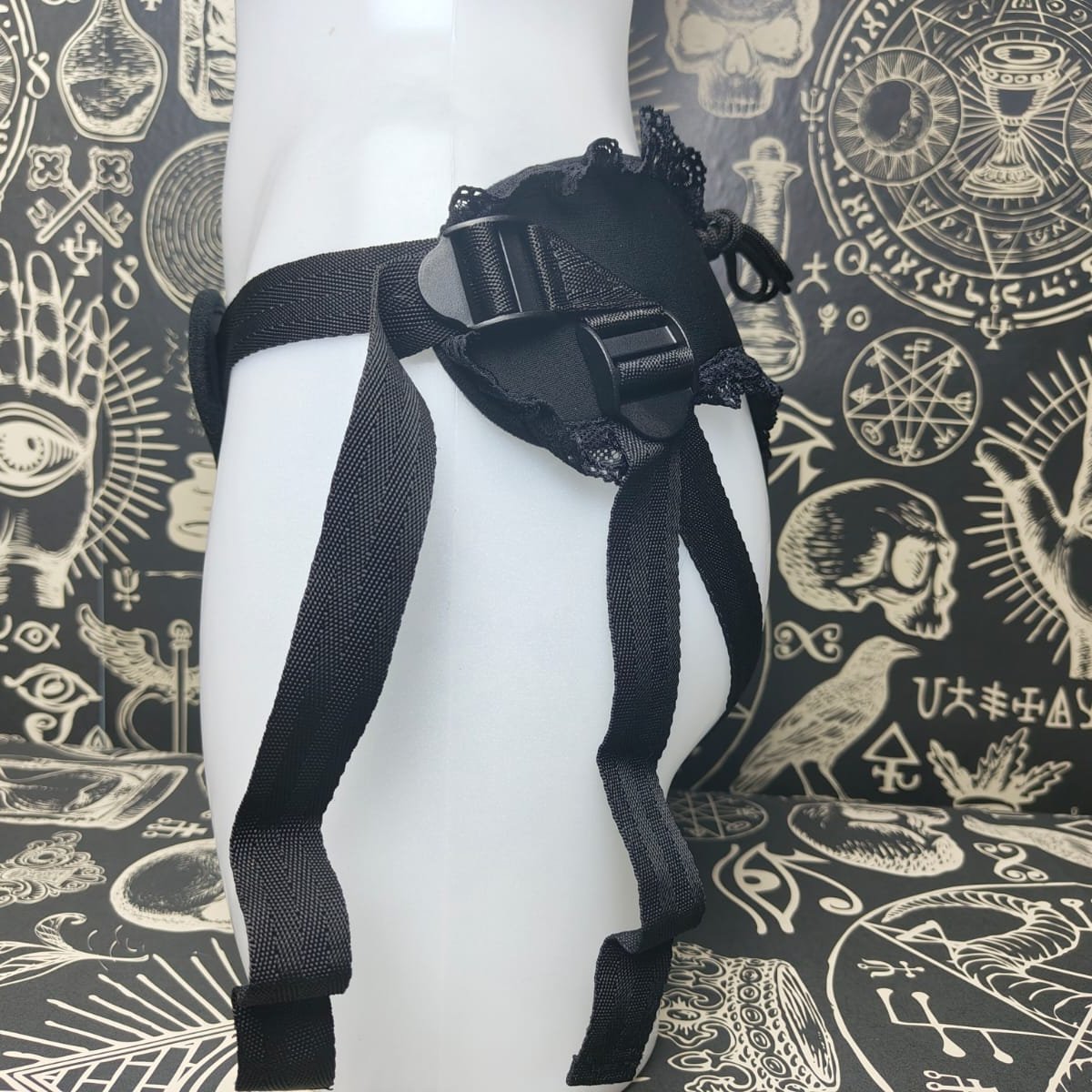 Strap on harness - Lace detailed, corset tied, adjustable, changeable silicone ring, soft comfortable nylon, BDSM, Fetish, Kink, pegging,
