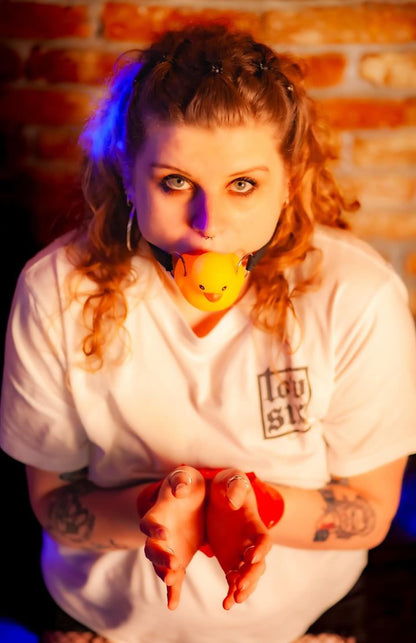 BDSM Squeaky Rubber Ducky Gag - Lockable Silicone Strap, easy clean, cute, playful